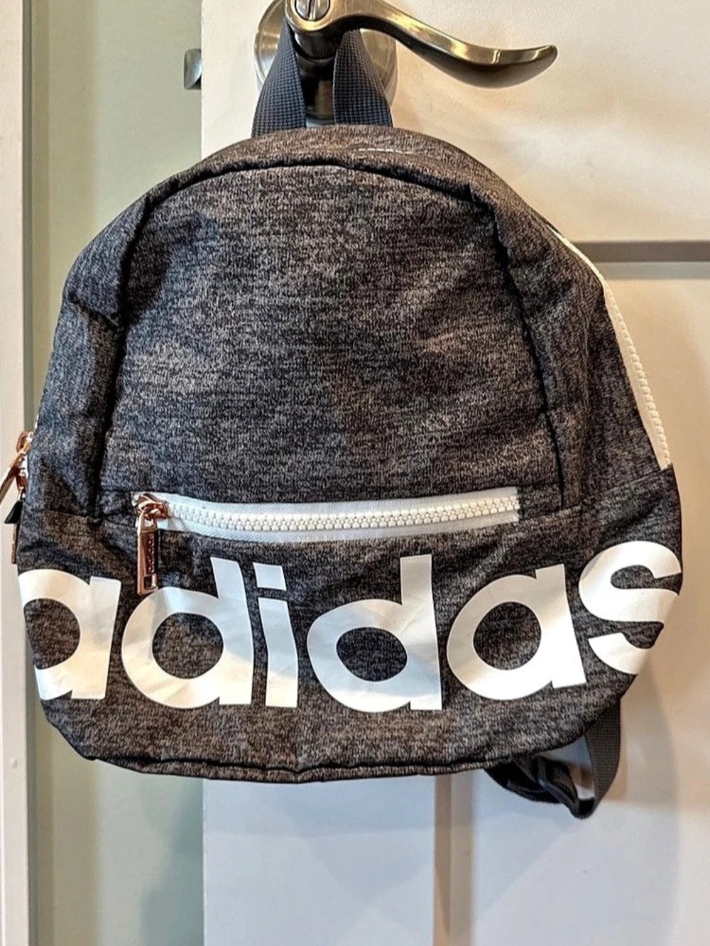 adidas Linear MINI Backpack Heather Gray Rose Gold zipper detail Gray & White Lo
